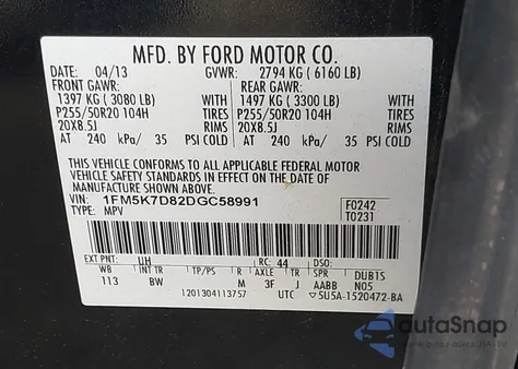 2013 Ford Explorer Xlt из США, поврежденный, VIN 1FM5K7D82DGC58991